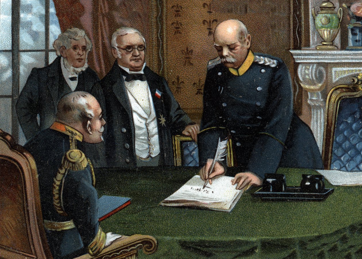 Preliminärt fredsavtal av den 26 februari 1871 undertecknat i Versailles, slutet av det fransk-preussiska kriget. Mellan chefen för republikens verkställande makt, Adolphe Thiers, och utrikesministern, Jules Favre, företrädare för Frankrike, av German School