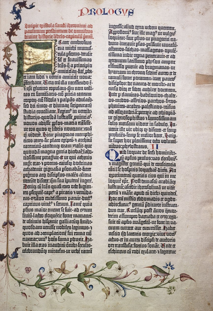 Prolog folio med guld och grön bokstav "F", och kant av löv, blommor, vinstockar och fåglar, 1455 av German School