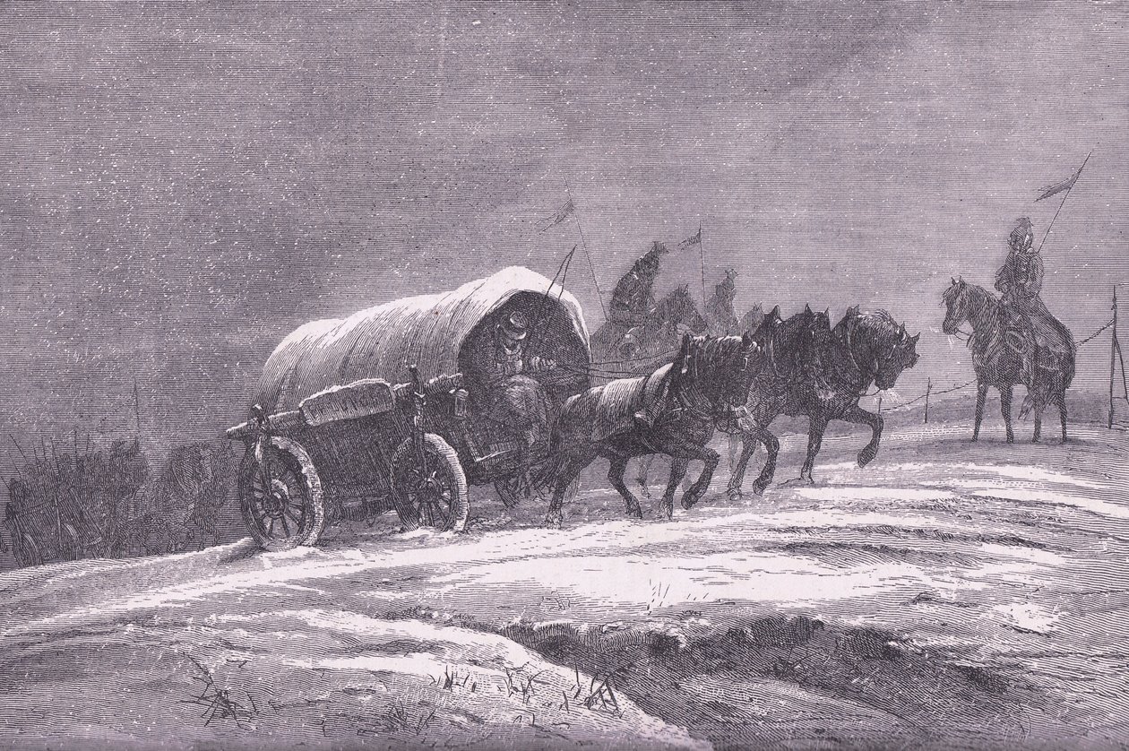 Preussisk fältpost i snön, Cassells historia om kriget mellan Frankrike och Tyskland publicerad av Cassell and Company Limited, ca 1890 (litho) av German School