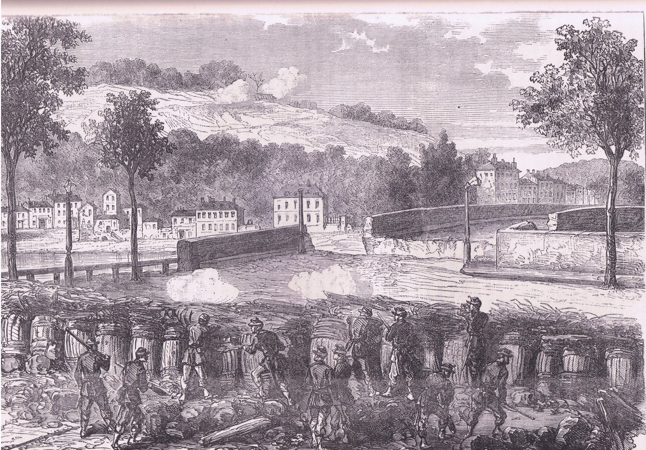 Preussisk redutt som befaller bron över Sevres, Cassells historia om kriget mellan Frankrike och Tyskland publicerad av Cassell and Company Limited, ca 1890 (litho) av German School