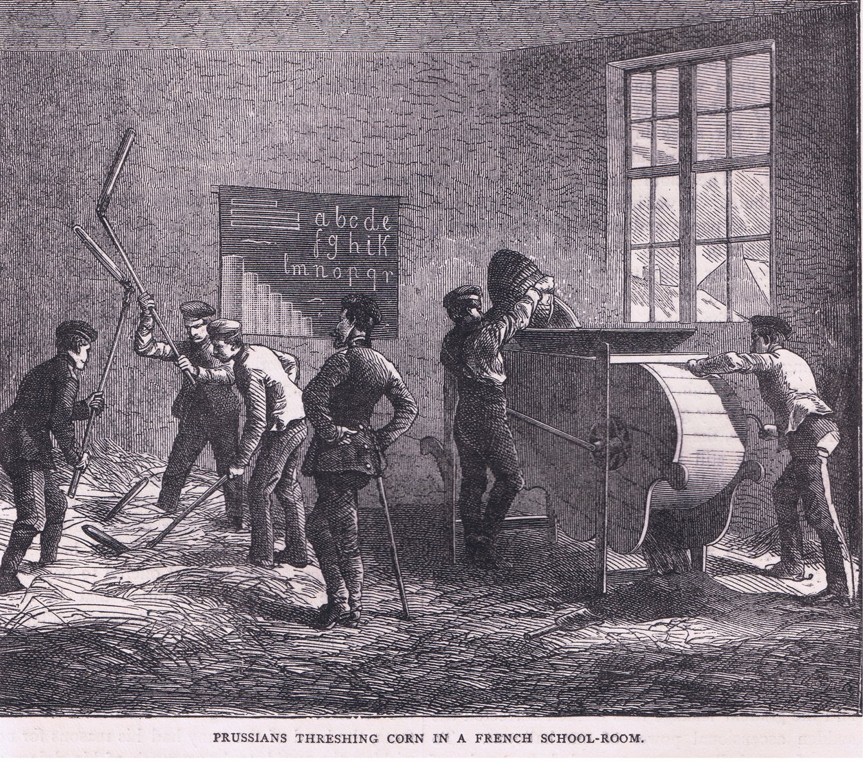 Preussar som tröskar majs i en fransk skolsal, Cassells historia om kriget mellan Frankrike och Tyskland publicerad av Cassell and Company Limited, ca 1890 (litho) av German School