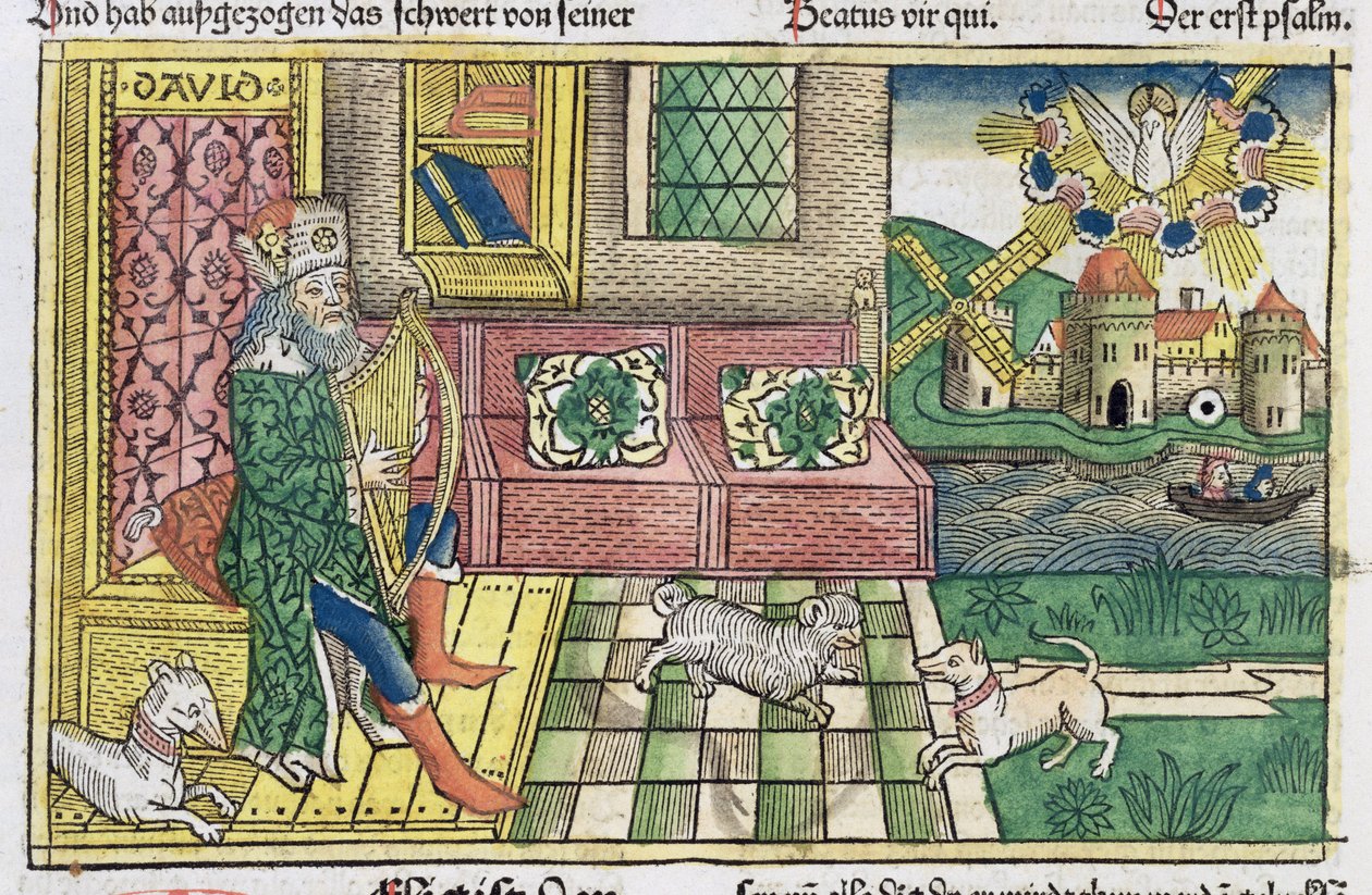 Psalmer: frontispice som visar kung David som spelar lyra, från Nürnbergbibeln (Biblia Sacra Germanaica) (färgat träsnitt) av German School