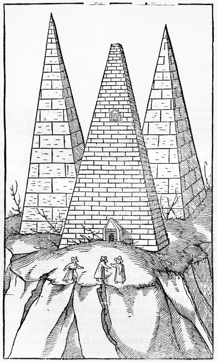 Pyramiderna i Egypten, illustration från Cosmographie Universelle av Sebastien Munster (1488-1552) Basel, publicerad 1554 av German School