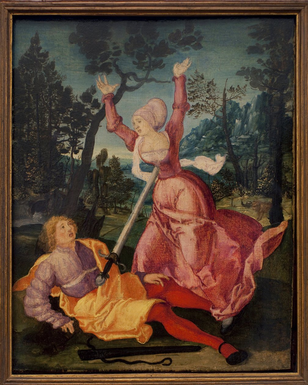 Pyramus och Thisbe. (De två babylonierna älskade varandra trots motstånd från deras familjer, beslutade att fly tillsammans, de möts vid foten av en murier. Pyramus tror att hennes vän slukades av en lejoninna och sticker sig själv med de av German School