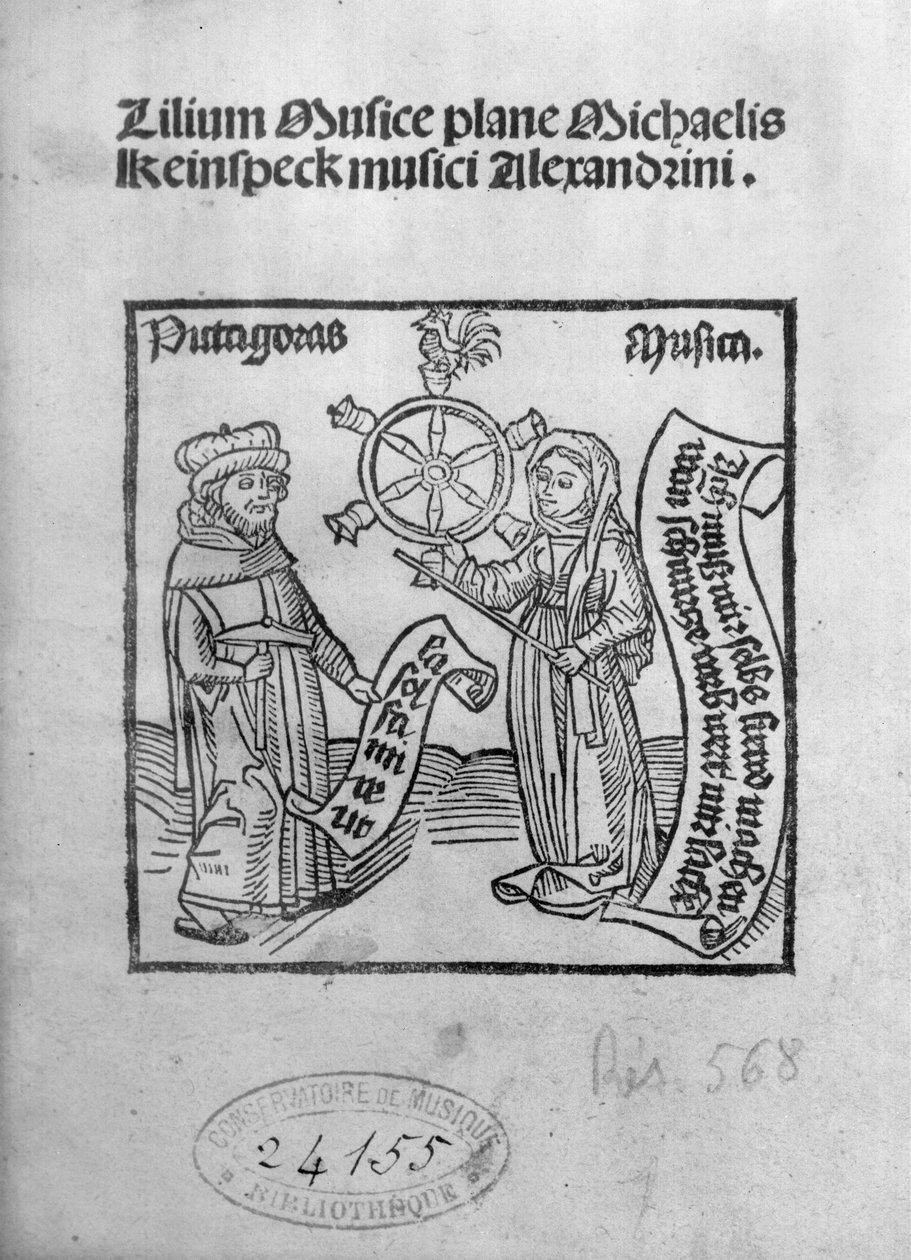 Pythagoras (c.580-500 f.Kr.) och musik, titelsida från Lilium Musicae av Michael Keinspeck, Augsburg, publicerad 1500 av German School