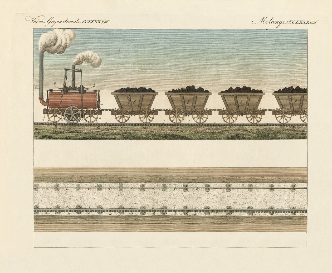 Järnvägar och Steamtrans (färgad gravyr) av German School