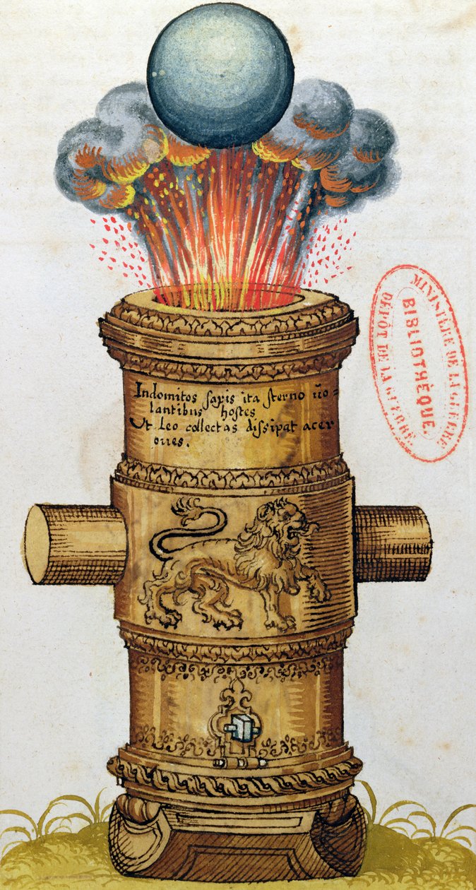 Upphöjd kanon som avfyrar en kanonkula, från The Art of Artillery, 1570 (wc) av German School