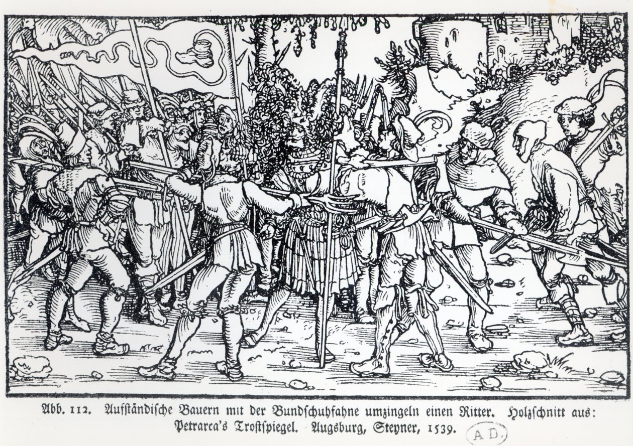 Rebelliska bönder som omger en riddare, från en illustration till Trostspiegel av Petrarch, 1539 av German School