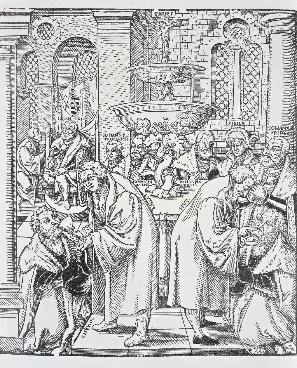 Reformatorerna Martin Luther och Jan Hus administrerar nattvarden (gravyr) av German School