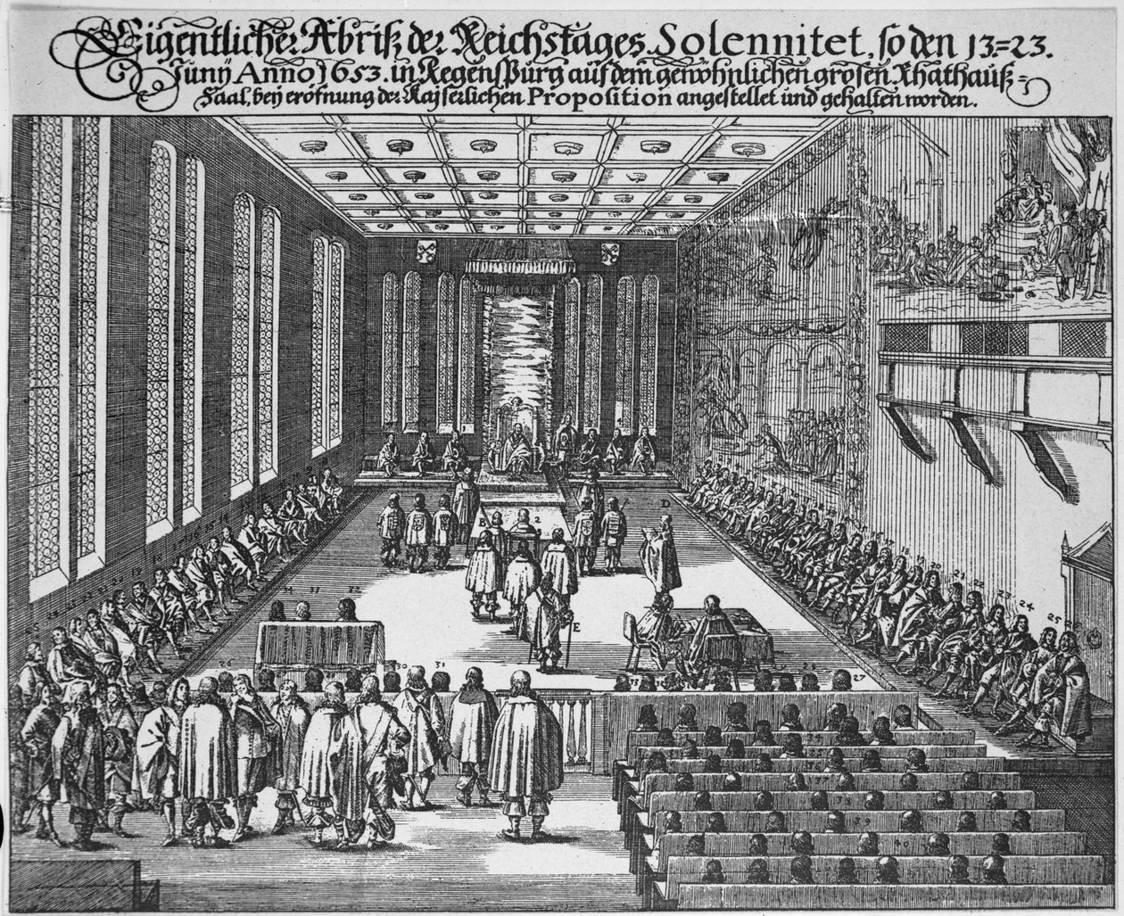 Reichstag of Regensburg i den stora rådssalen, Regensburg av German School