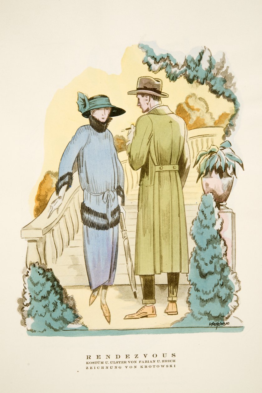 Rendezvous, outfit och "Ulster" överrock av Fabian & Hrich från Styl, pub.1922 (pochoirtryck) av German School