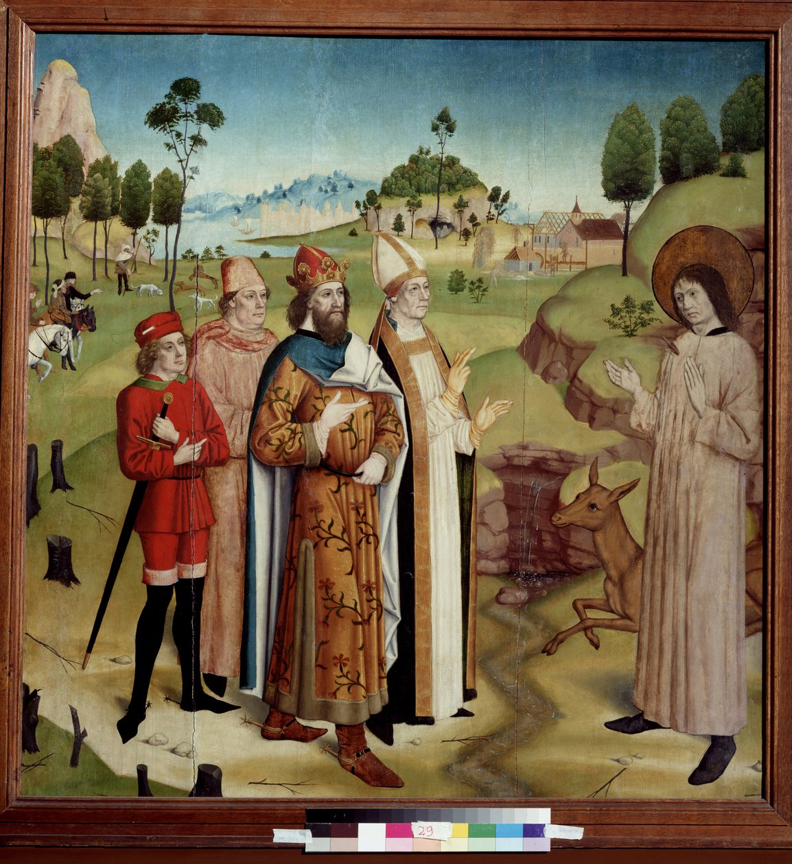 ""Representation av mötet mellan den västgotiska kungen Wamba (672-680 e.Kr.) och eremiten Saint Gilles (eller Aegidius) (600-talet), sårad av en jägares pil, med sin doe"" (Saint Giles och kung Wamba) vid kungajakten) Valpsjuka på ekoved av German School