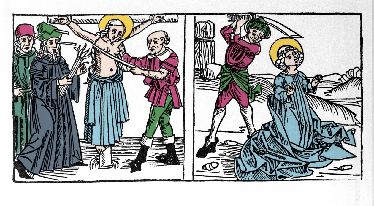 Representation av martyrskapet av Saint Seraphia (Serapia) (Seraphia of Syrien), kristen av det 2: a århundradet. Gravyr från "Leben der Heiligen - sommerteil" (Helgonets bok) av Jacobus (James) av Voragine (1228-1298). Lübeck 1488. av German School