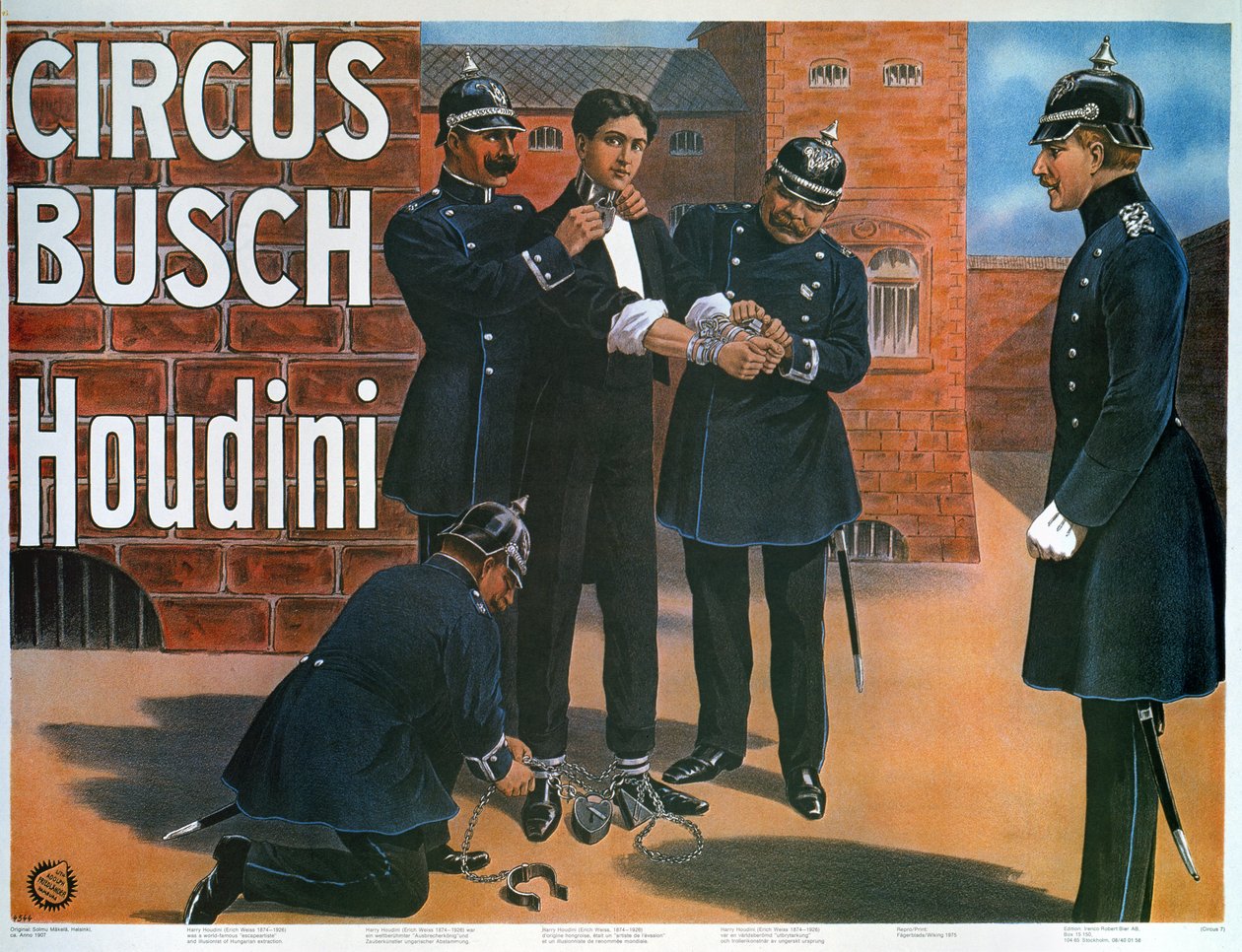 Reproduktion av en affisch från 1907 som visar Houdini före en flykt från ett tyskt fängelse av German School