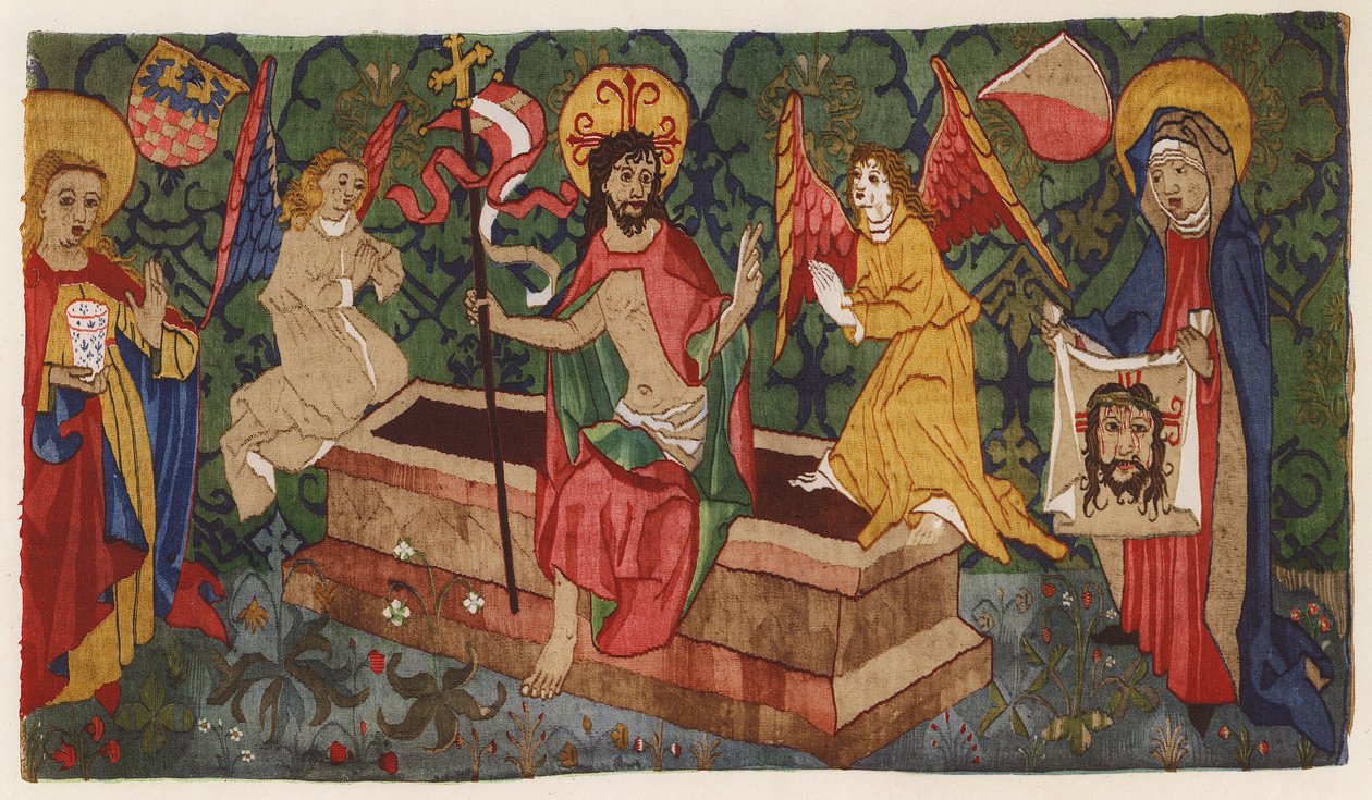 Jesu Kristi uppståndelse, altarfront i gobeläng, Aargau, Schweiz, slutet av 1400-talet (färglitografi) av German School