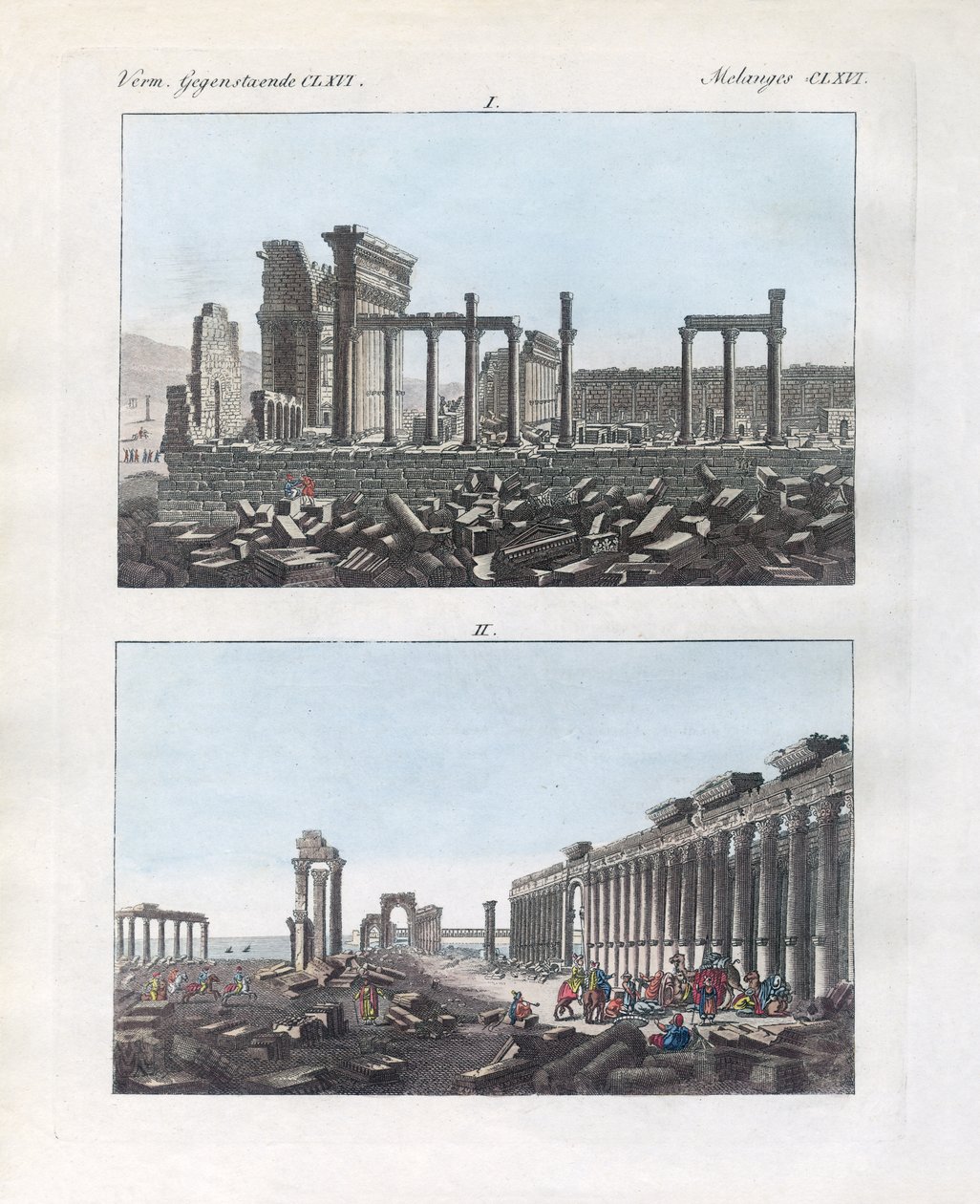 Ruinerna av Palmyra (färgad gravyr) av German School