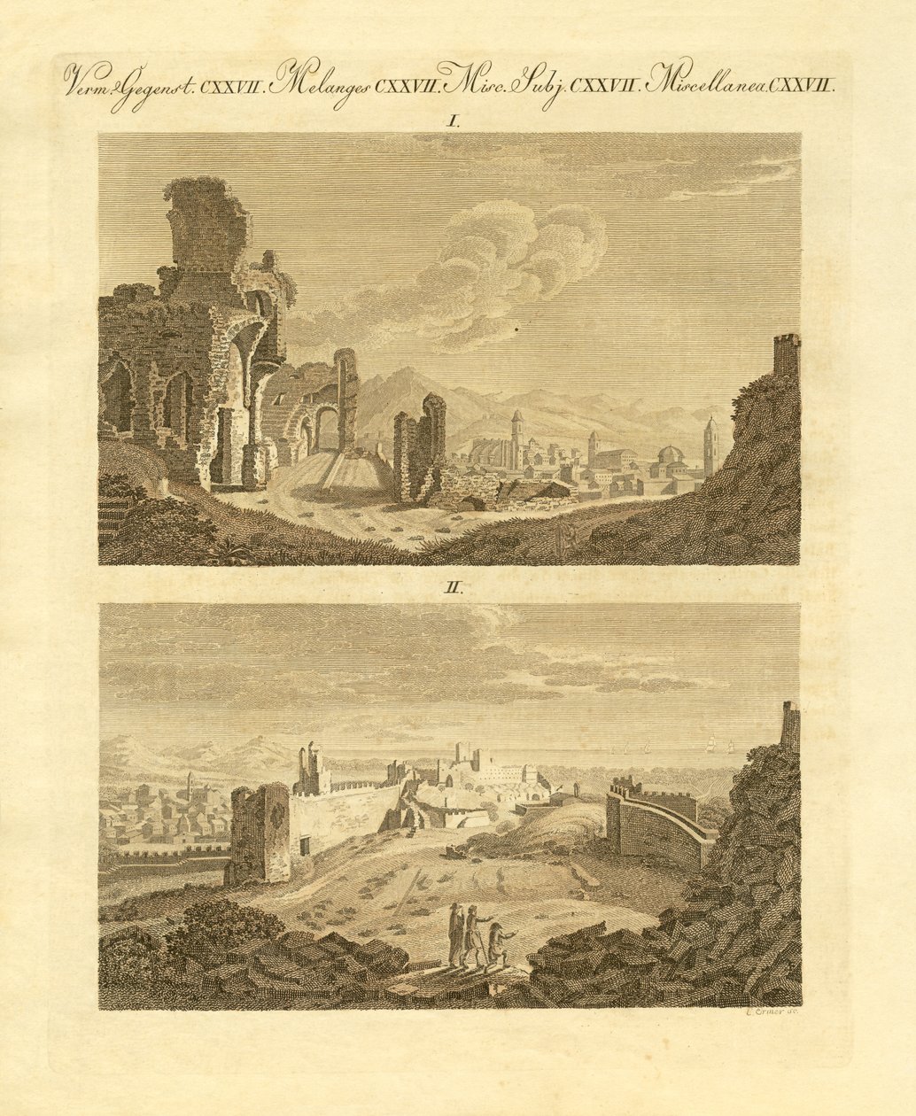 Ruinerna av den gamla staden Sagunto i Spanien (färgad gravyr) av German School