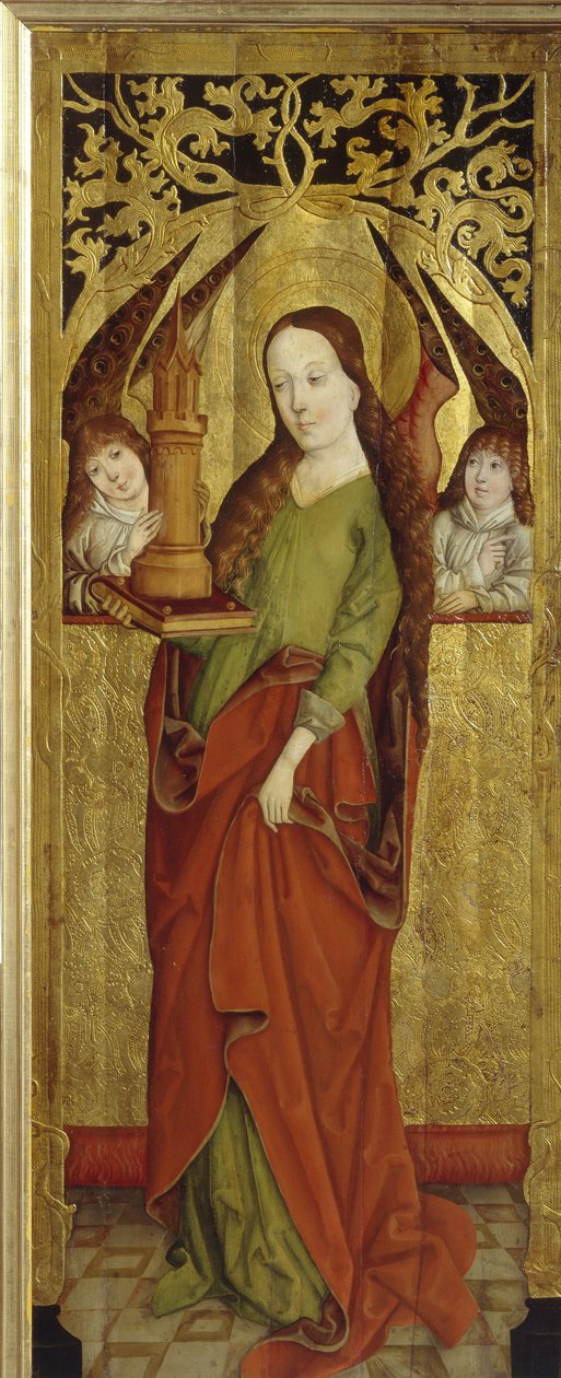 Sainte Barbe eller Barbe den store martyren (3:e århundradet). (Sankt Barbara). Bär på en platå ett torn med tre fönster. Målning av en Westfalsk mästare (verksam mellan 1470 och 1480), olja på trä, ca 1470-1480. tysk konst av German School