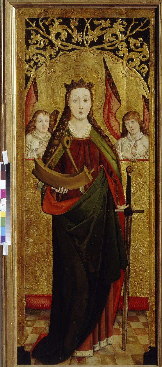 Saint Catherine of Alexandria (cirka 290-307) (Saint Catherine). Bär en bit av tortyrhjulet av hans martyrskap. Målning av en Westfalsk mästare (verksam mellan 1470 och 1480), olja på trä, ca 1470-1480. tysk konst av German School