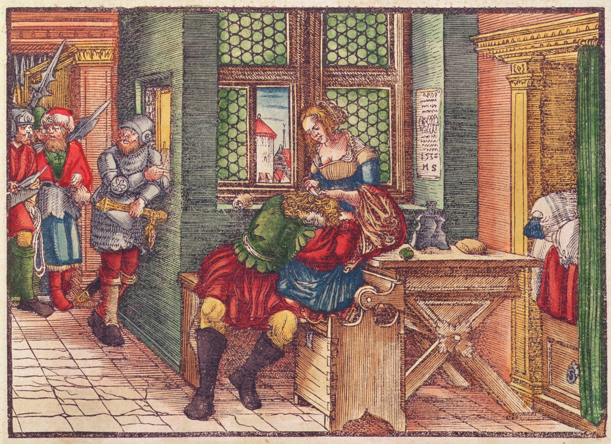 Simson och Delila, från Lutherbibeln, ca 1530 (färgat träsnitt) av German School