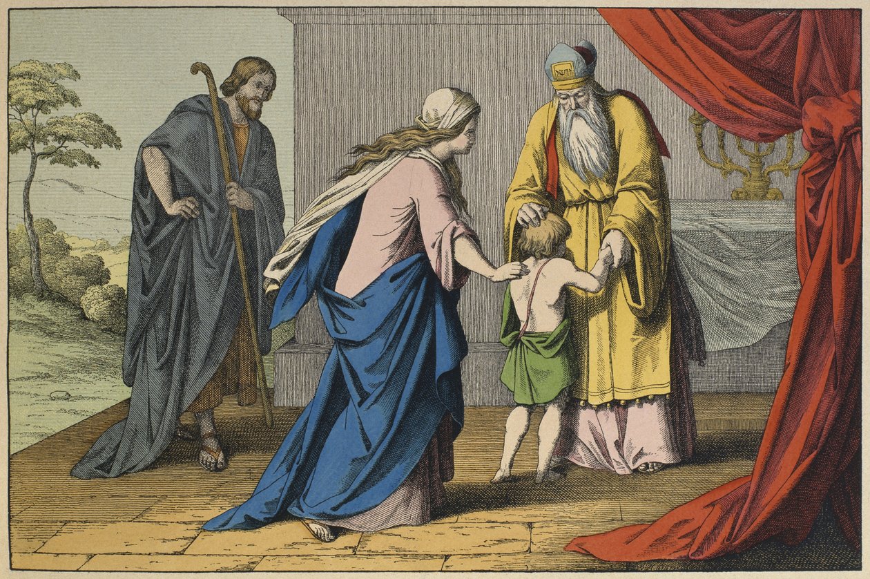 Samuel och Eli, illustration från LAncien Testament, utgiven av Jakob Ferdinand Schreiber, Esslingen (färgstick) av German School