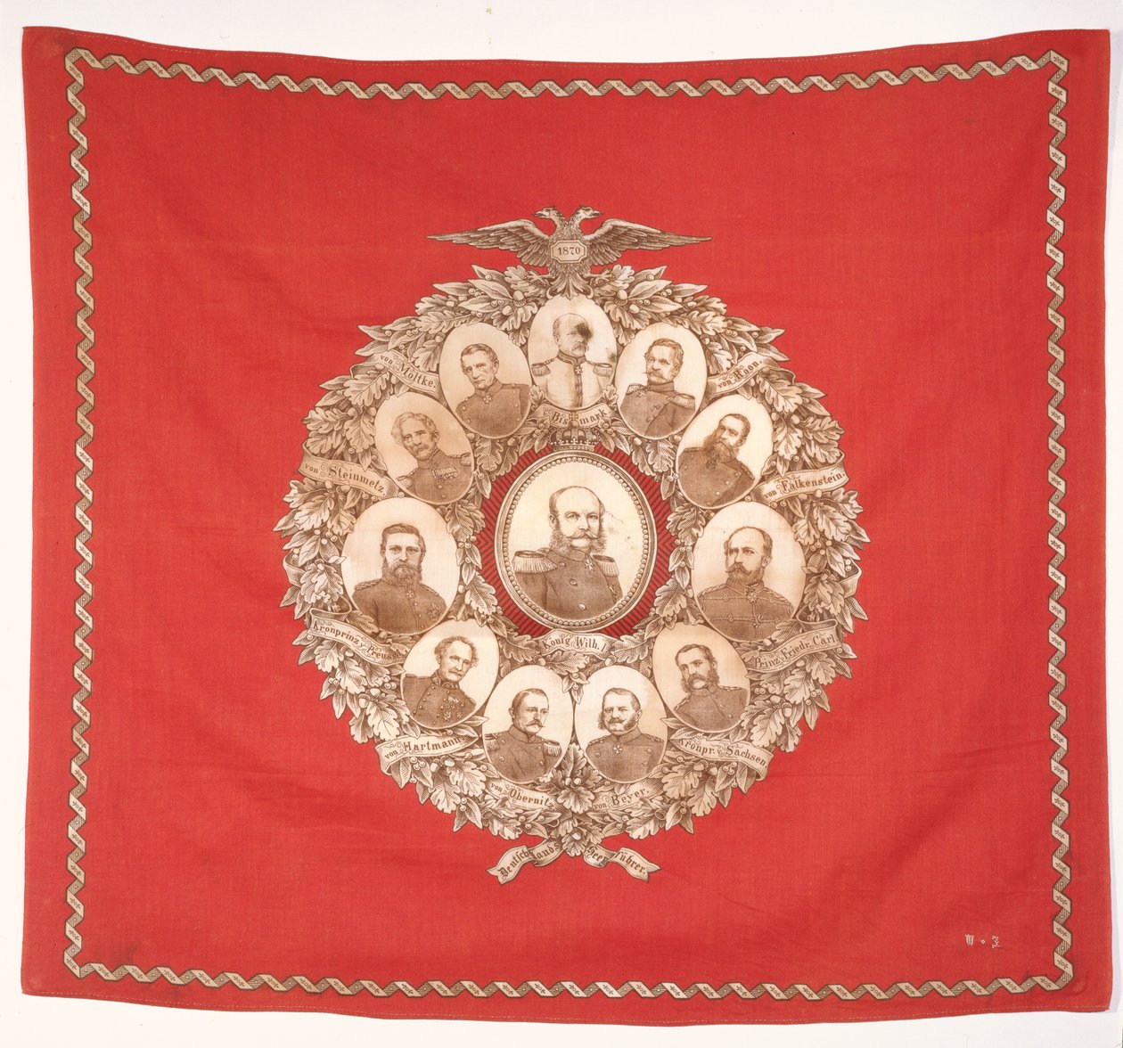 Halsduk föreställande den tyska kejsaren Wilhelm I (1797-1888) omgiven av Bismarck och segerrika marskalker för att fira det fransk-preussiska kriget, 1870 (siden) av German School