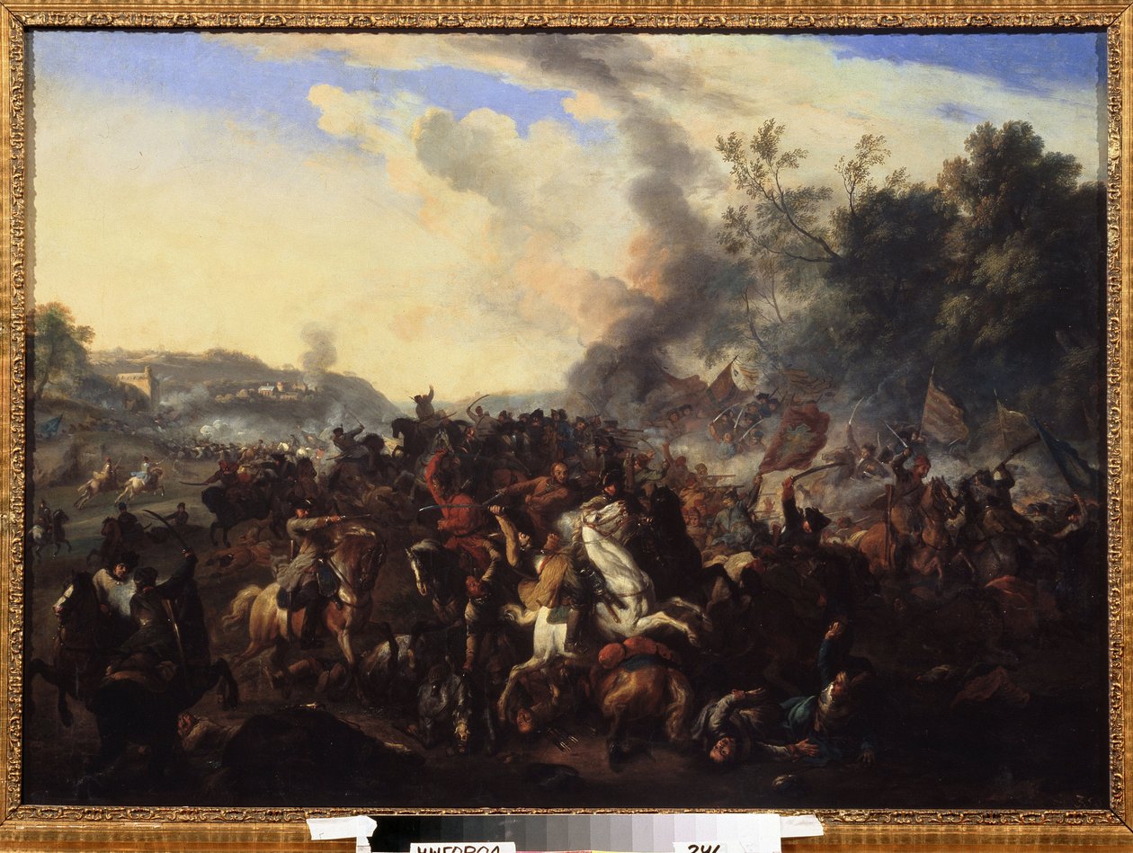 ""stridsscen"" Ryttare och hästar hopade sig under ett slagsmål. Anonym målning från tyska skolan. 1600-talets regionala konstmuseum, Uzhhorod, Ukraina av German School