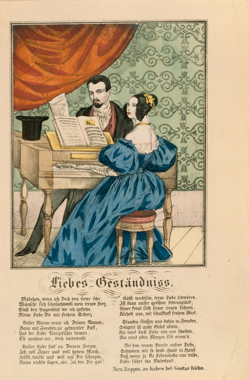 Scen som visar ett par vid pianot, med en kärleksdikt skriven under, från Neuruppiner Bilderbogen, 1850 av German School