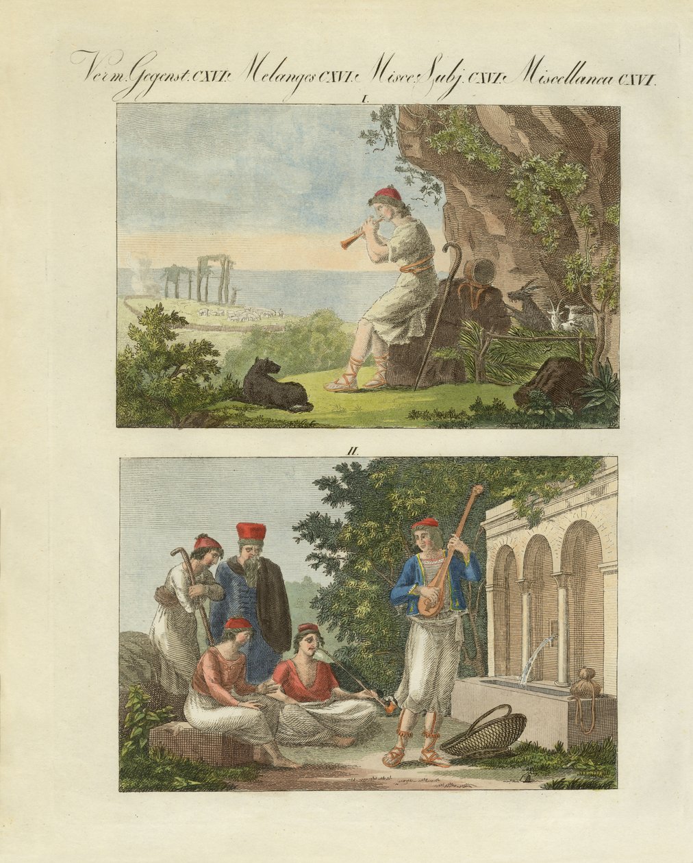 Scener från Grekland (färgad gravyr) av German School