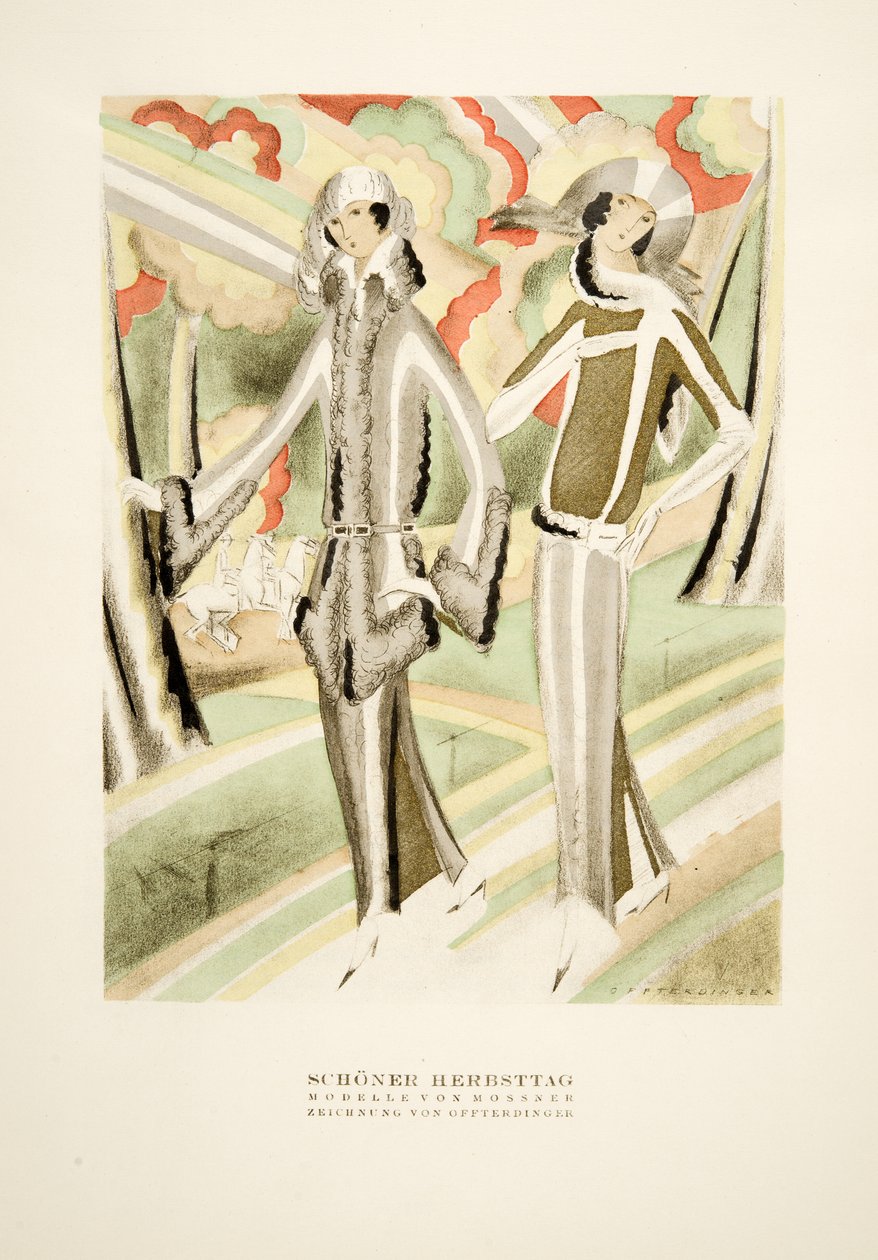Schöner Herbsttag, kläder av Mossner, från Styl, utg.1922 (pochoirtryck) av German School