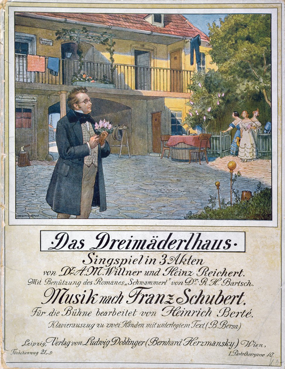 Partitur Omslag till Das Dreimaederlhaus (De tre flickornas hus) föreställande Schubert framför huset, 1916 av German School