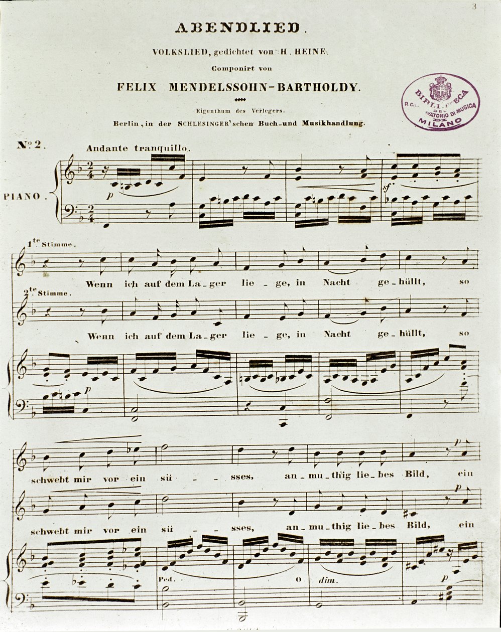 Partitursida av Abendlied av Felix Mendelssohn av German School
