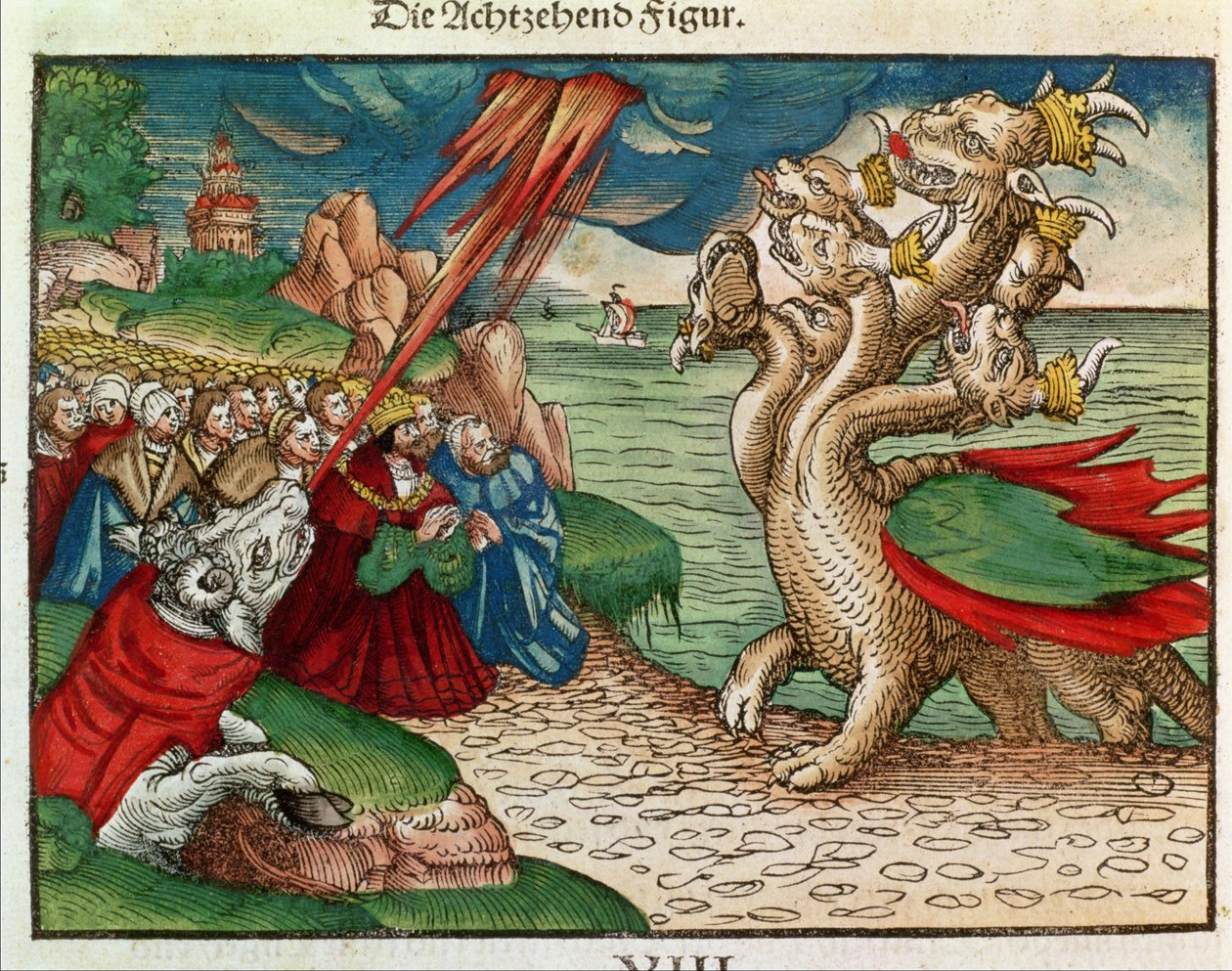 Sjuhövdad orm från Uppenbarelseboken, från Lutherbibeln, ca 1530 (färgat träsnitt) av German School