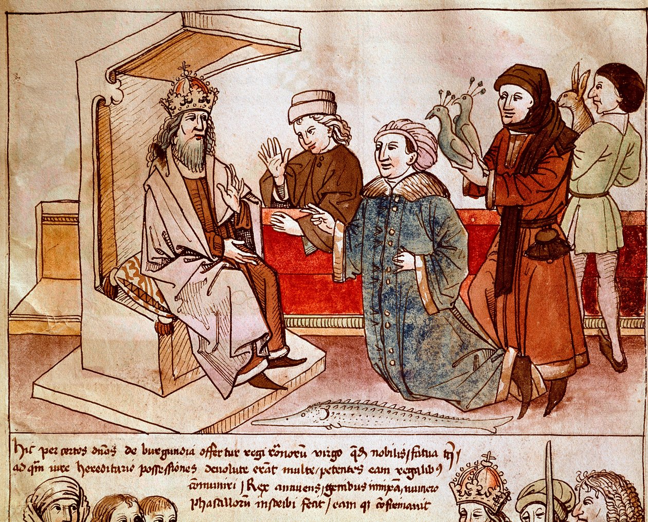 Sigismund I av Luxemburg (1368-1437), kejsare av det heliga riket tar emot hyllningen av de undergivna folken. Miniatyr från "Krönikor från Konciliet i Konstanz" av Ulrich Richental (1360-1437) 1438 ungefär Prag, nationalbibliotek av German School