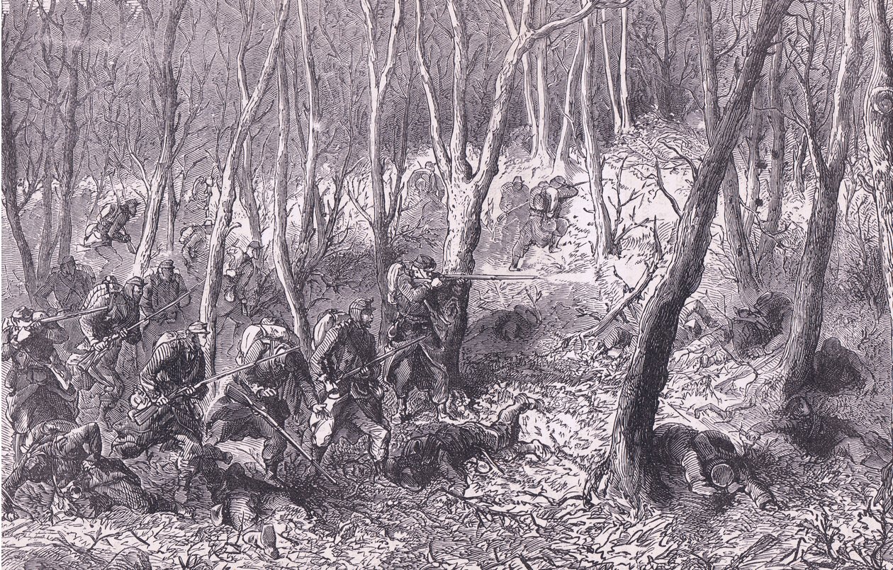 skärmytsling i skogen utanför Paris, Cassells historia om kriget mellan Frankrike och Tyskland publicerad av Cassell and Company Limited, ca 1890 (litho) av German School