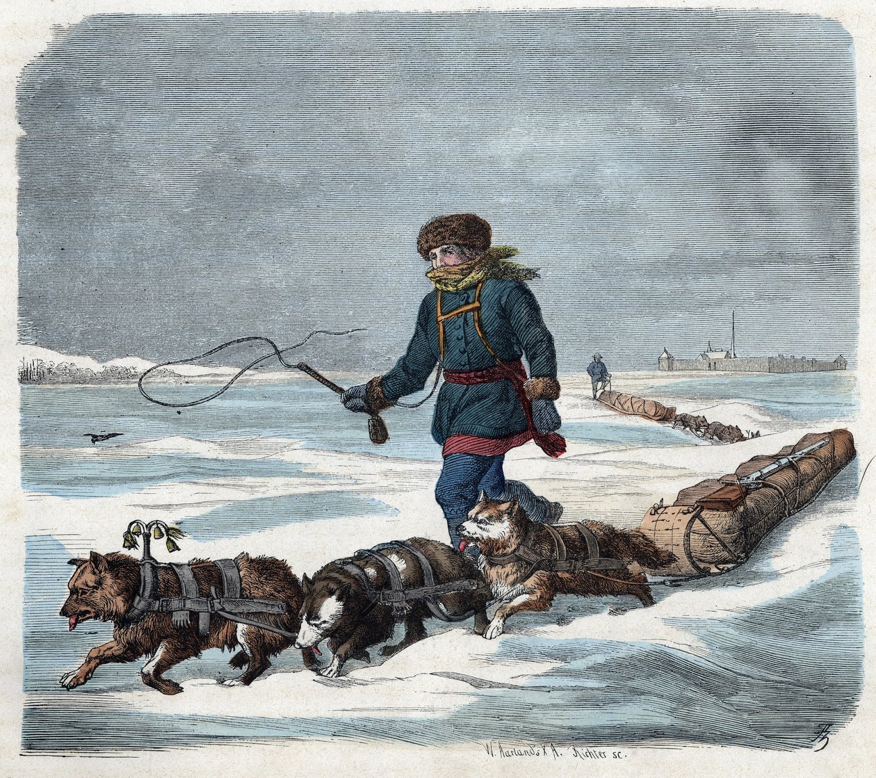 Slädehund i snön i Amerika. I "" Wenn Jemand eine Reise tut, so kann er was erhalten"" (När någon reser, detta är vad han kan berätta), tysk saga av Franz Wiedemann av German School
