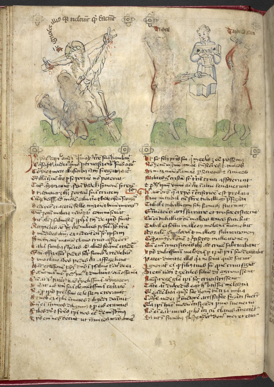 Sloane 361, f.25v The resning of the Cross; Jubal och Tubal-Cain, från 