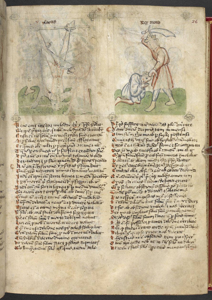 Sloane 361, f.26 Jesajas martyrskap; Kung Moab offrar sin son, från 