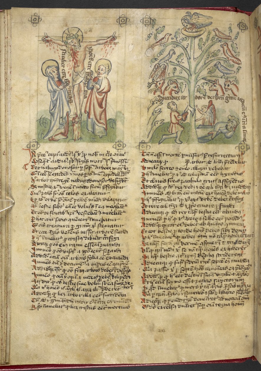 Sloane 361, f.26v Nebukadnessar ser ett träd i en dröm; korsfästelsen, från 