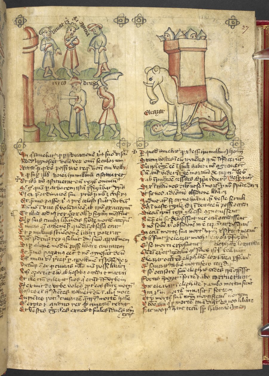 Sloane 361, f.27 Kung Codrus ger sig själv för att bli dödad för sitt folk, och Eleazar Maccabeus sticker elefanten och krossas av den, från 