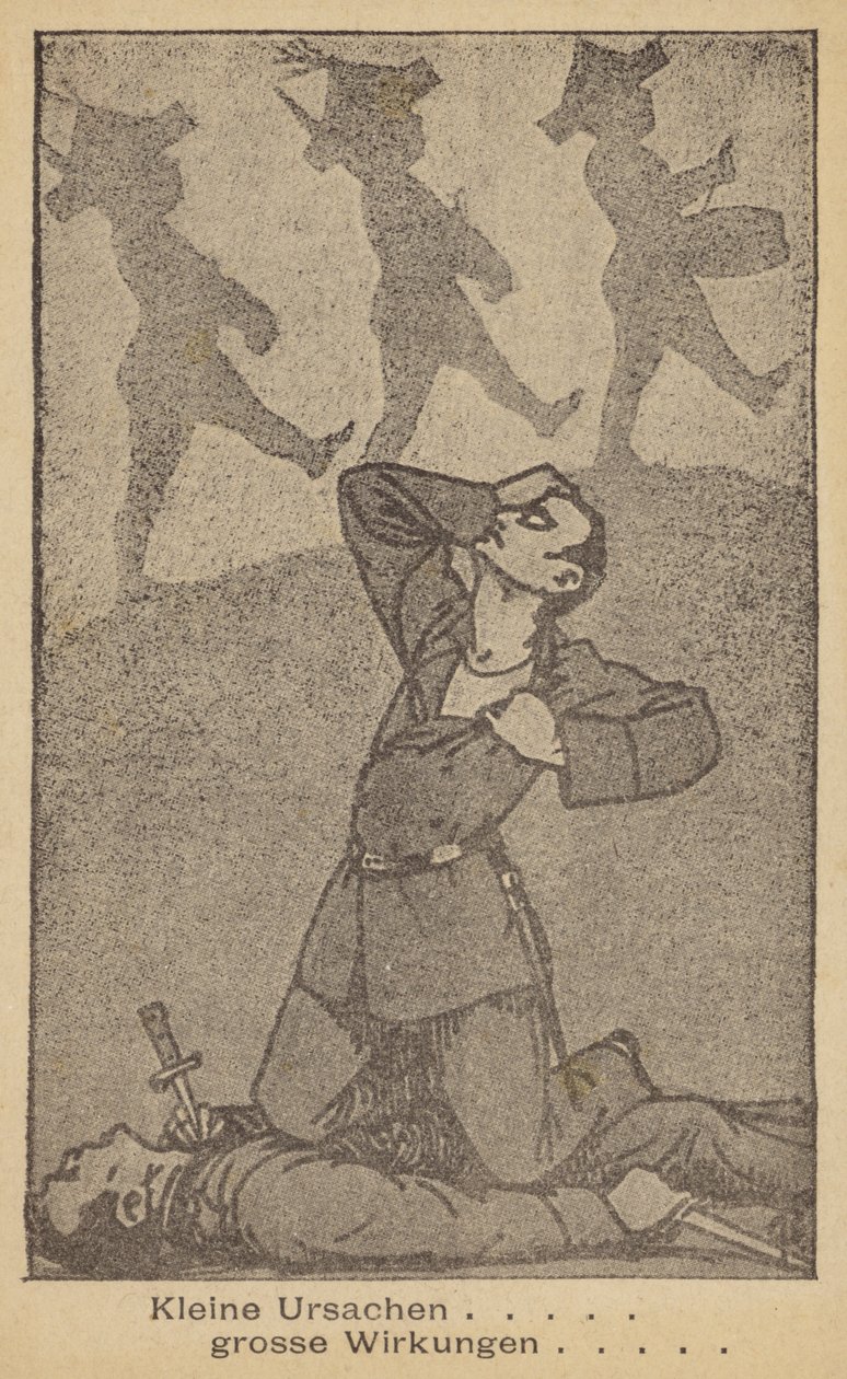 Små orsaker stora effekter. Tysk antikrigsillustration, utgiven av WILPF (Women