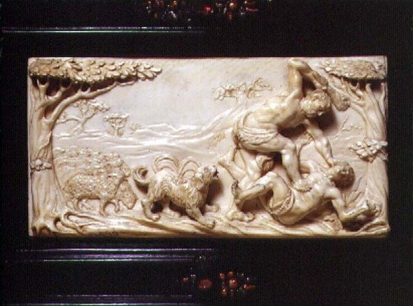 Sydtyskt konstkabinett, detalj av snidad plakett föreställande Kain och Abel, 1690 av German School