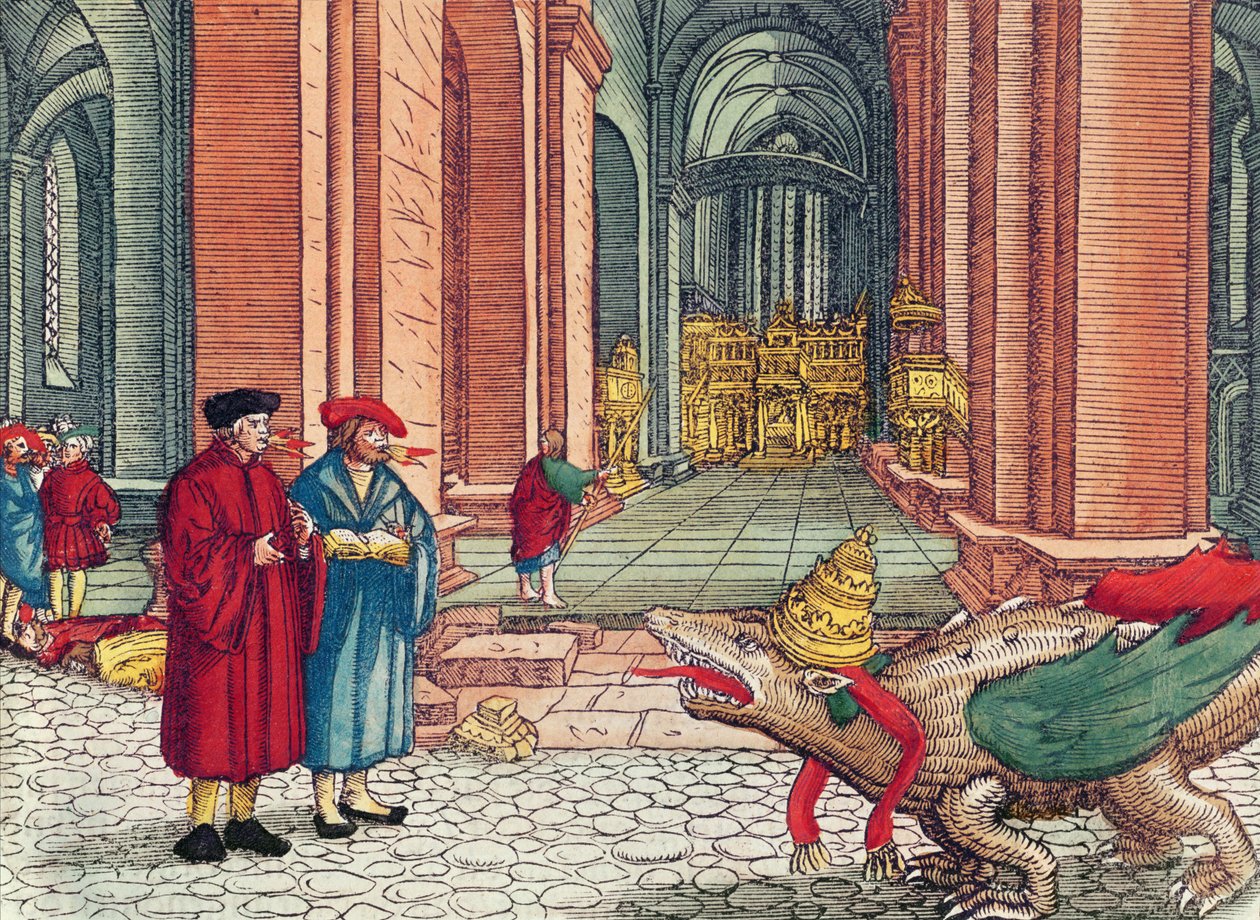 Tala i tungor, pingst, från Lutherbibeln, ca 1530 (färgat träsnitt) av German School