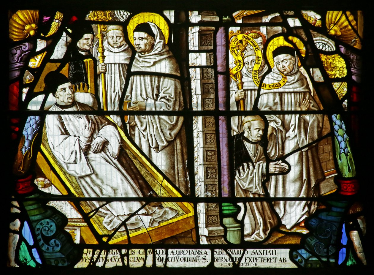 St Bernard botar en sjuk man som sedan vill ansluta sig till beställningen - men skickas iväg, ca 1500 (målat glas) av German School