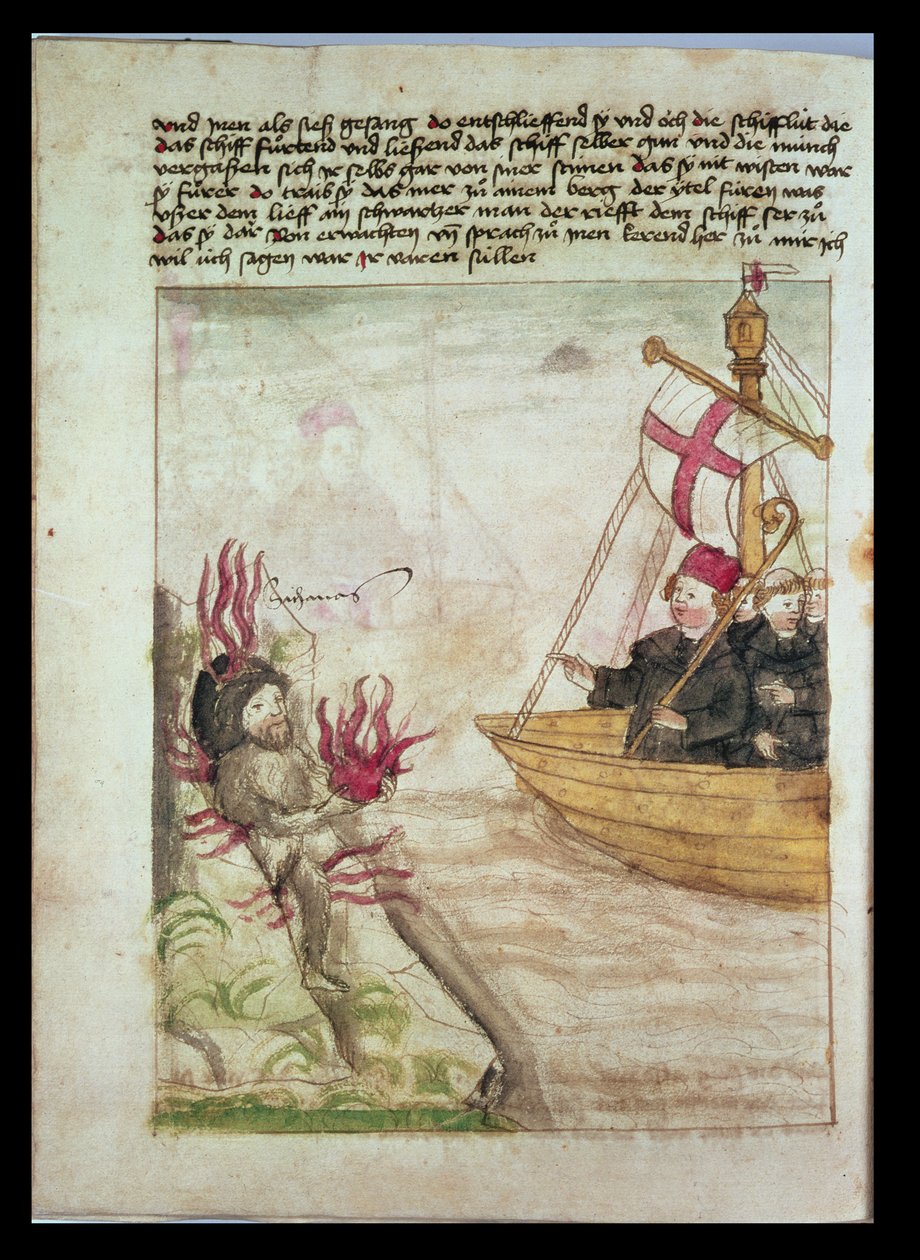 St Brendan på sitt skepp, från den tyska översättningen av The voyage of St Brendan Abbot, c.1476 av German School