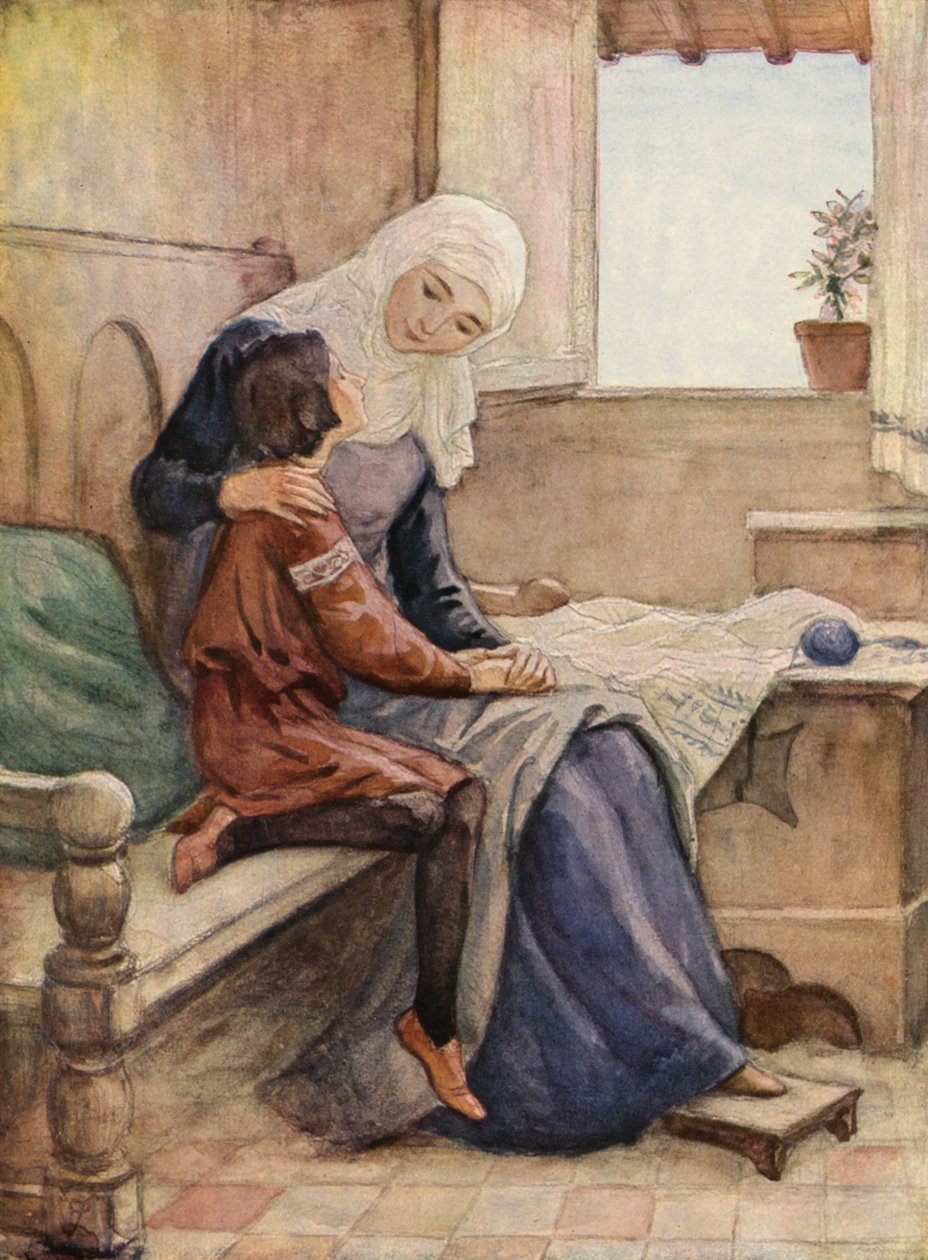 S:t Franciskus och hans mor (färglitografi) av German School