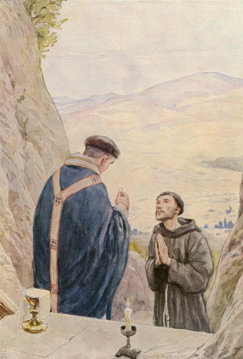 S:t Franciskus firar mässa med broder Leo (färglitografi) av German School