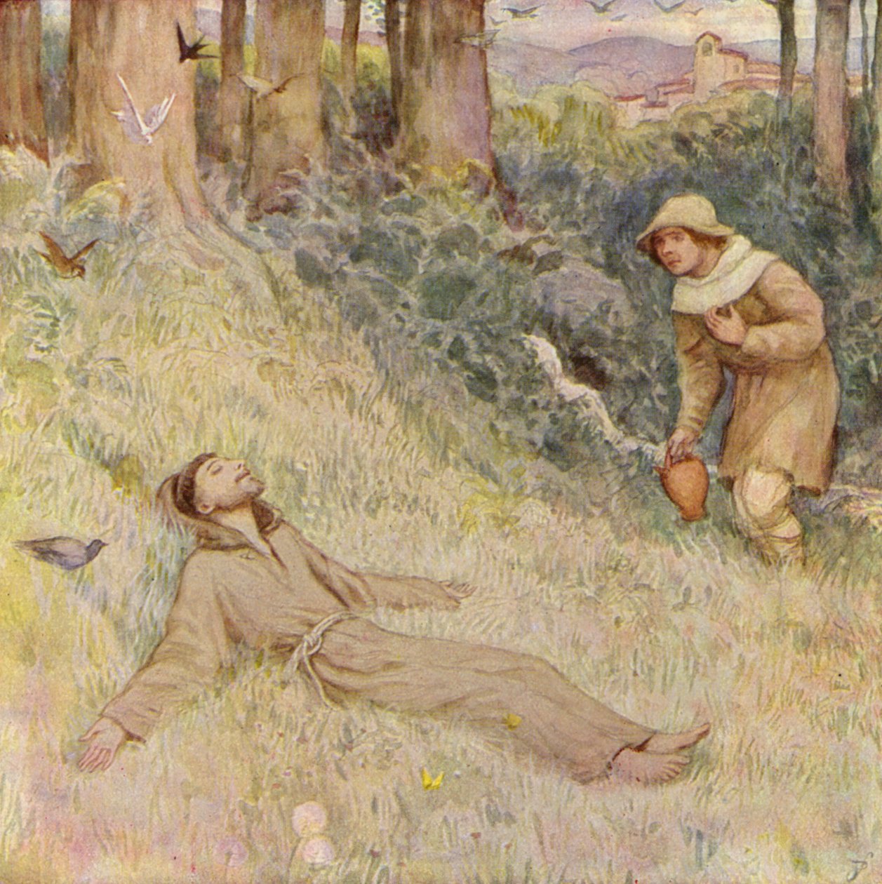 S:t Franciskus i Spanien (färglitografi) av German School