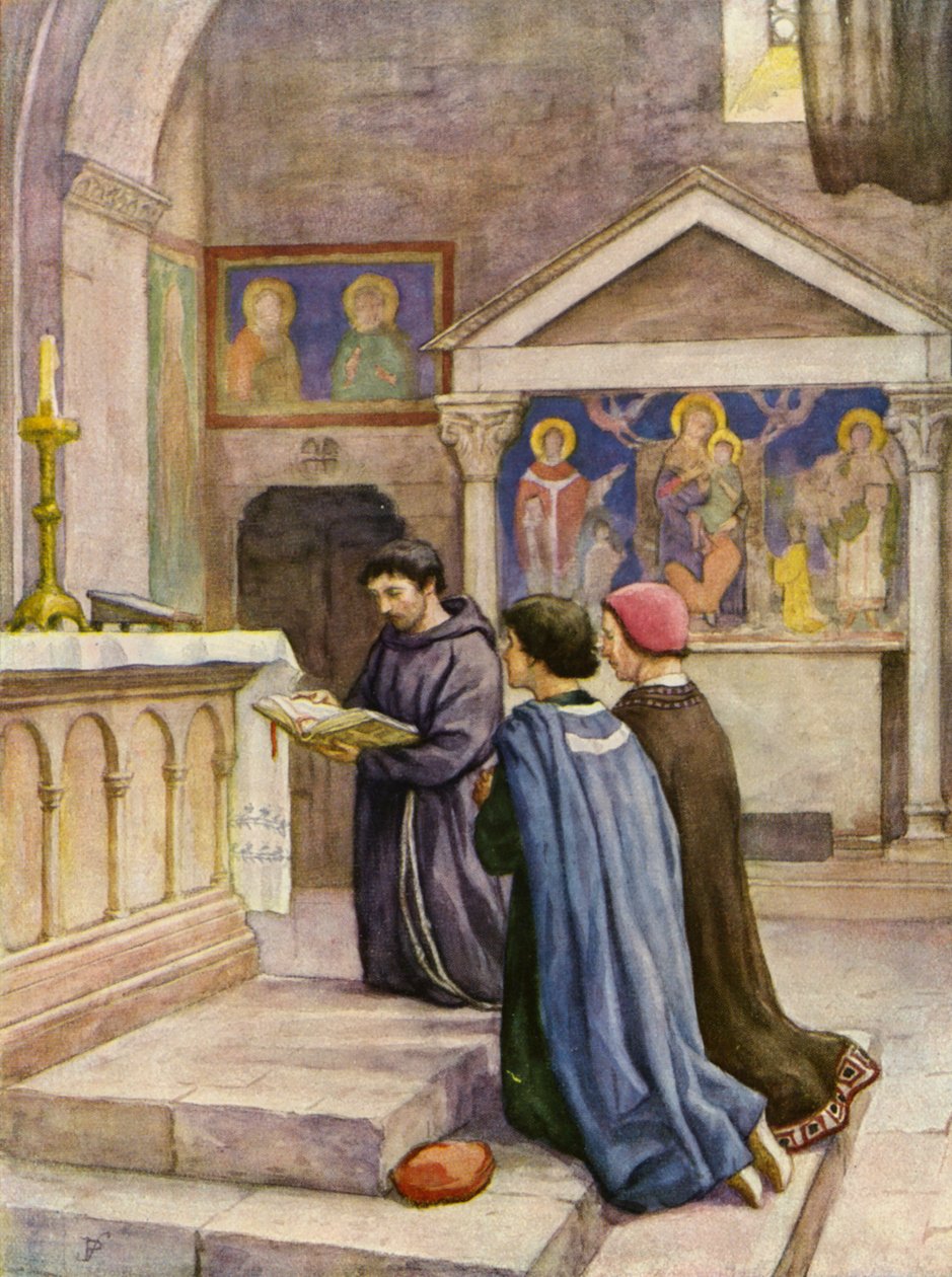 S:t Franciskus läser ur evangelierna (färglitografi) av German School