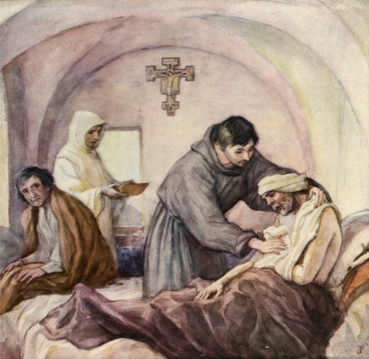 S:t Franciskus arbetar på spetälskesjukhuset i Gubbio (färglitografi) av German School